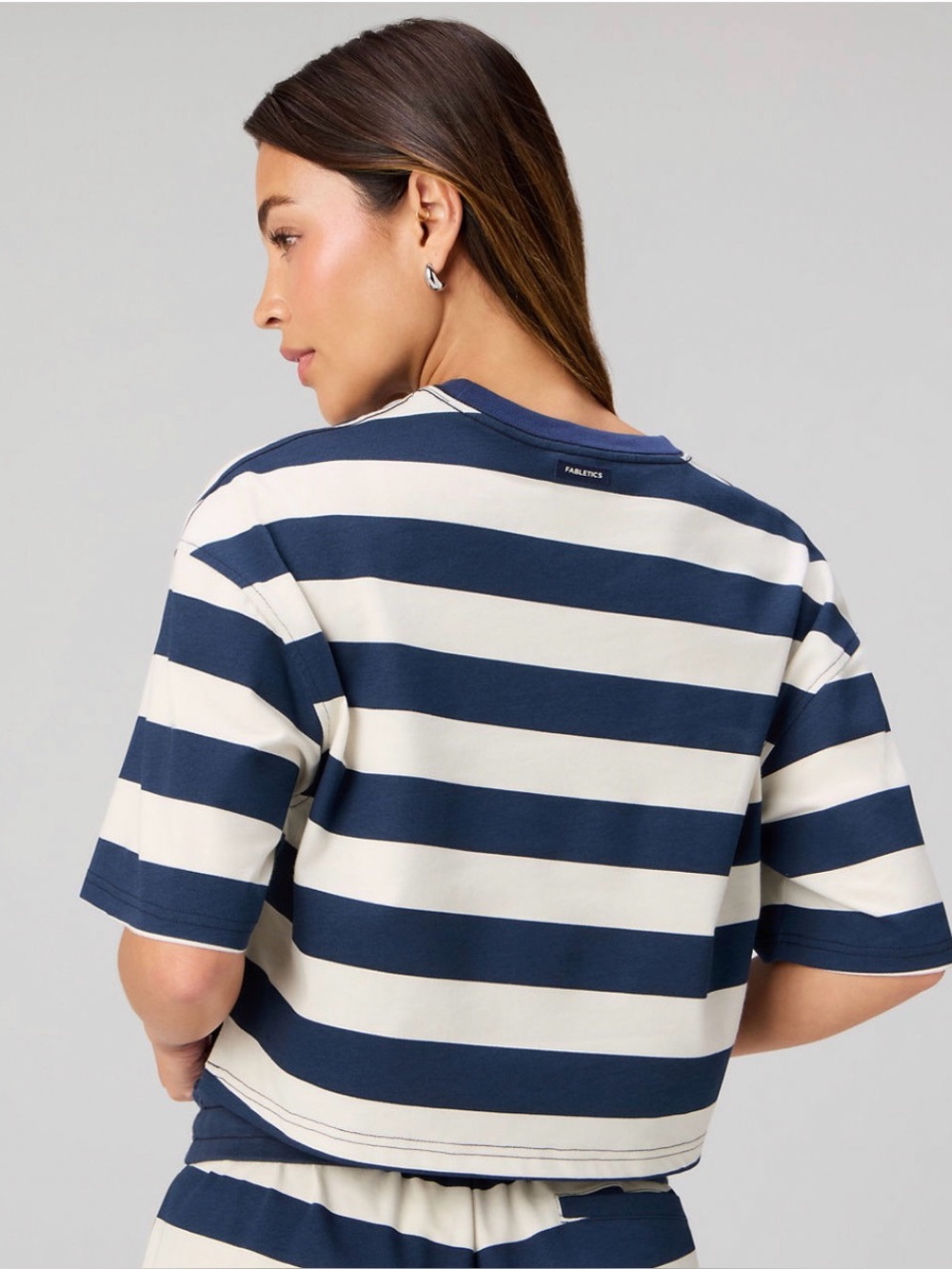 Fabletics Heavy Cotton Navy and Cream Striped Cropped Tee